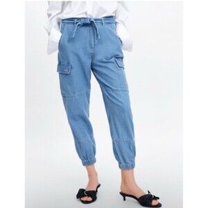 Zara Denim Cargo Joggers Light Wash Ankle Jeans Belted High Waist